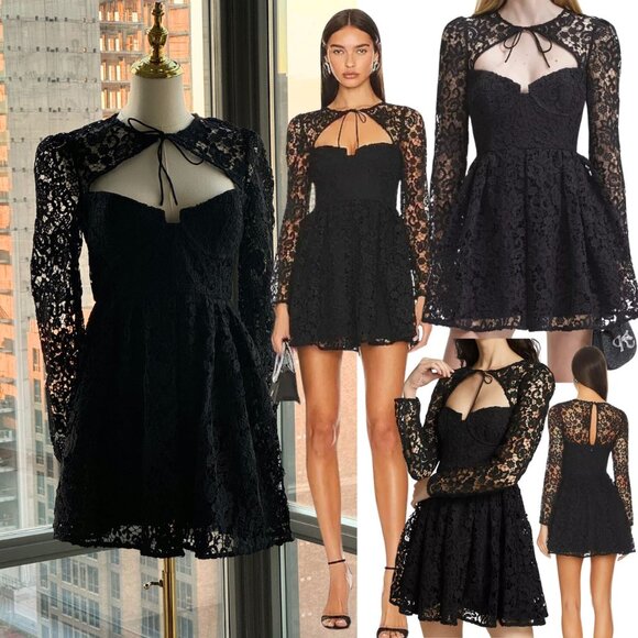 🆕 SELF-PORTRAIT 🧿 BNWOT Black Lace Tie-Neck Minidress, Sz US 6 / UK 10 - Picture 1 of 15